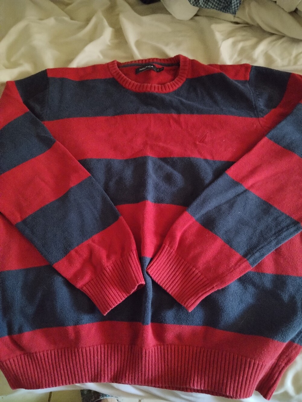Nautica Men's Red and Navy Wide-Stripe Crewneck Sweater